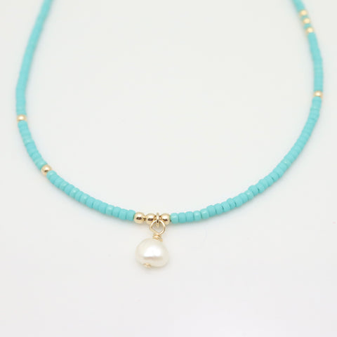 Japanese Seed Bead Choker & Fresh Water Pearl - Bright Turquoise
