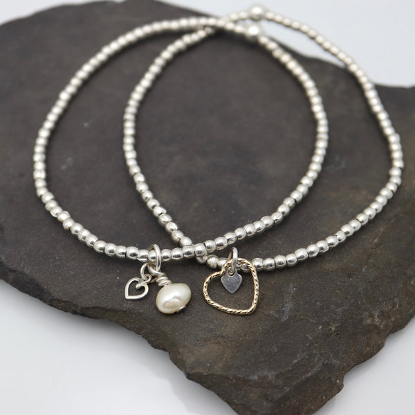 Fresh Water Pearl & Mini Heart Silver Stretch Bracelet