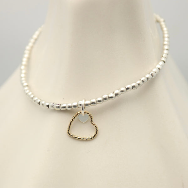 Duo Heart Petite Silver Bead Stretch Bracelet