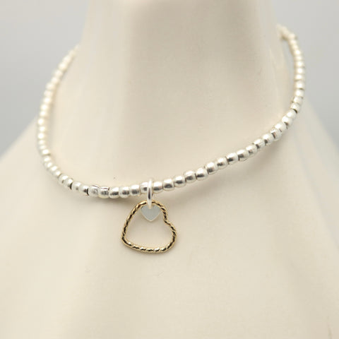 Duo Heart Petite Silver Bead Stretch Bracelet