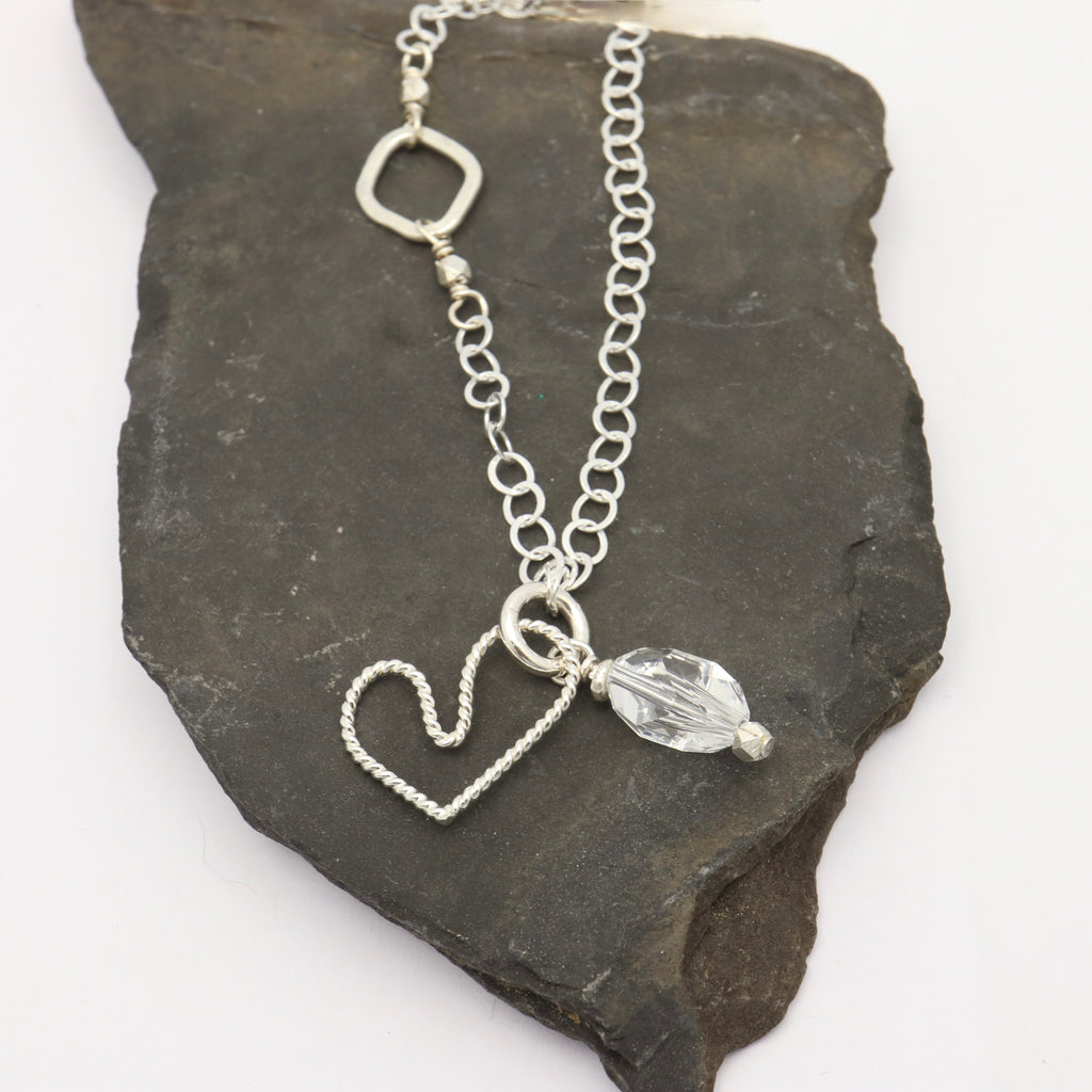 Sterling Silver Open Heart & Swarovski Crystal Charm Necklace