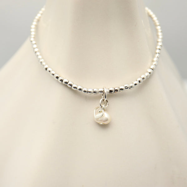 Fresh Water Pearl & Mini Heart Silver Stretch Bracelet