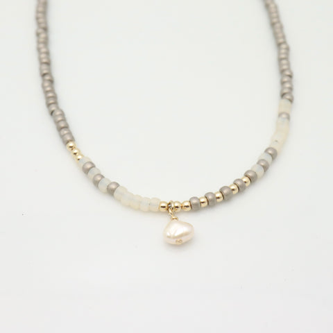 Boho Japanese Seed Bead & Pearl Choker - Matte Grey