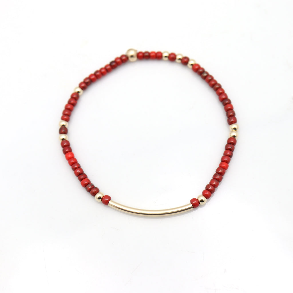 Alpine Collectioin: Picasso Red Japanese Toho Seed Bead & Gold Bar & Bead Stretch Bracelet