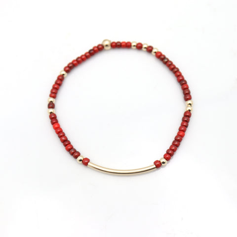 Alpine Collectioin: Picasso Red Japanese Toho Seed Bead & Gold Bar & Bead Stretch Bracelet