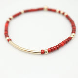 Alpine Collectioin: Picasso Red Japanese Toho Seed Bead & Gold Bar & Bead Stretch Bracelet