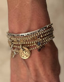 Sculpted Fine Silver Bar & Gold Beaded Stretch Bracelet