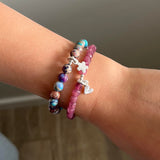CHILD Bracelets:  Purple Impression Jasper Stone & Silver Flower Stretch Bracelet