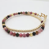 Watermelon Tourmaline & Gold Beaded Double Wrap Bracelet