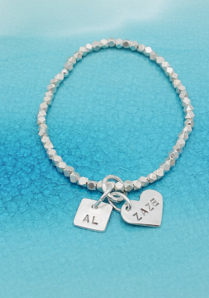 2 CHARMS: Square & Heart Charm STRETCH Bracelet