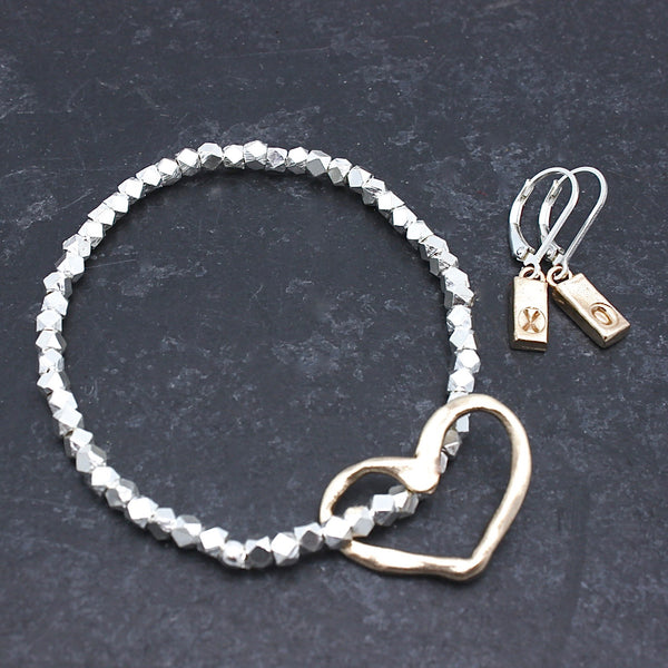 Bronze Heart and Fine Silver Stretch Bracelet