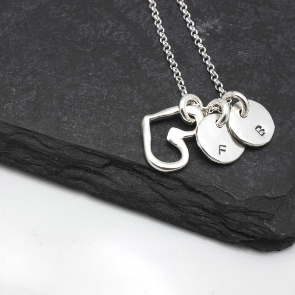 Silver Open Heart & Two Circle Pendants Personalized Necklace