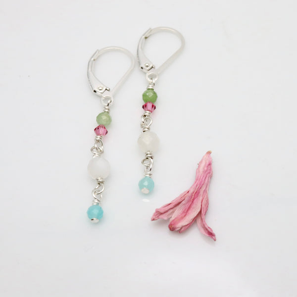 SILVER Peridot Swarovski crystal Moonstone  Amazonite Cascade Earrings