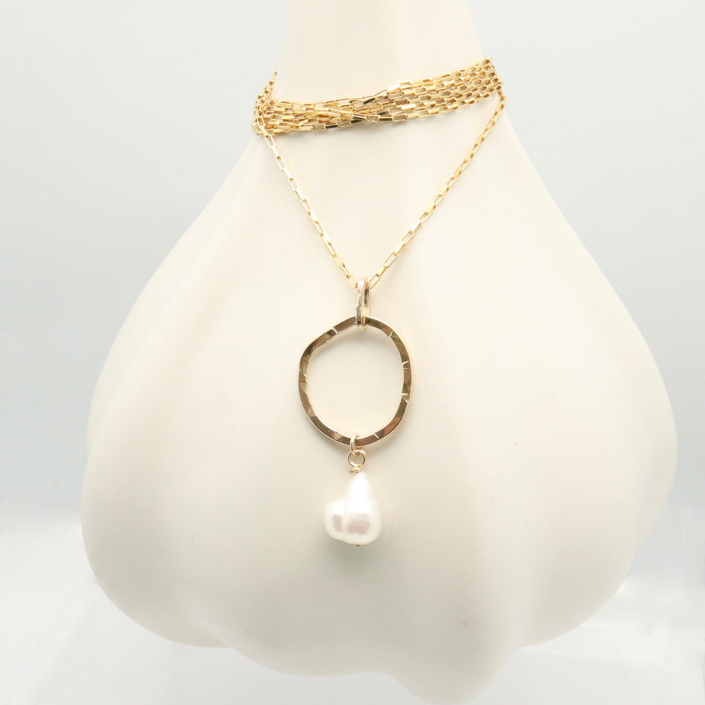 Ellipse Collection:  Bold Gold Ellipse Long Necklace & Keshi Pearl