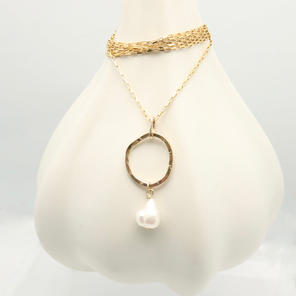 Ellipse Collection:  Bold Gold Ellipse Long Necklace & Keishi Pearl