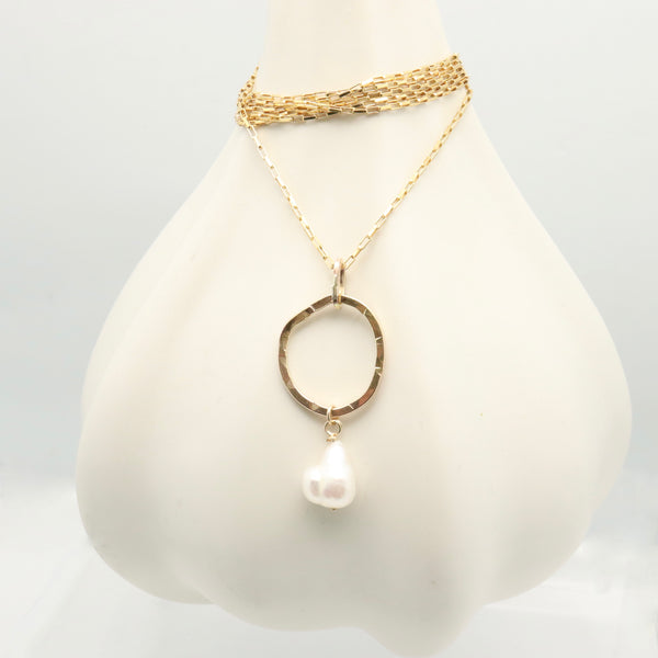 Ellipse Collection:  Bold Gold Ellipse Long Necklace & Keshi Pearl