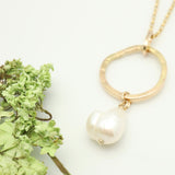 Ellipse Collection:  Bold Gold Ellipse Long Necklace & Keshi Pearl