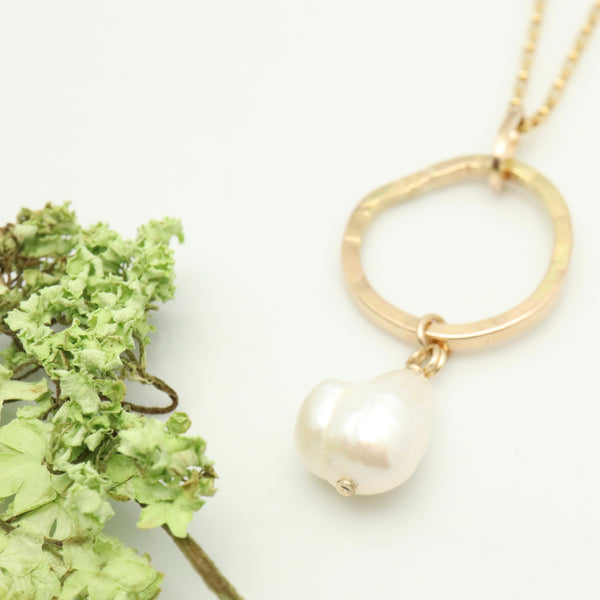 Ellipse Collection:  Bold Gold Ellipse Long Necklace & Keishi Pearl