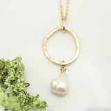 Ellipse Collection:  Bold Gold Ellipse Long Necklace & Keishi Pearl