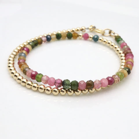 Watermelon Tourmaline & Gold Beaded Double Wrap Bracelet