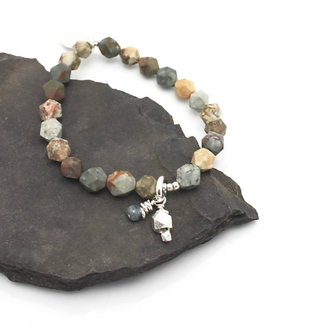 Molten Collection:  Jasper Butte Faceted Stone Stretch Bracelet & Fine Silver Charm