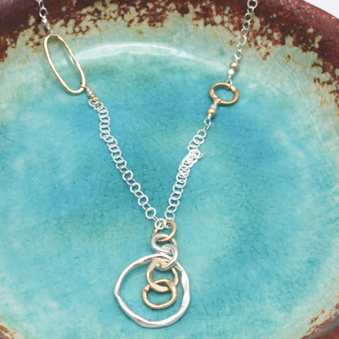 Entwined Bronze & Silver Pendant Long Necklace