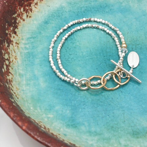 Bronze Entwined Links & Fine Silver Beaded Double Wrap Bracelet