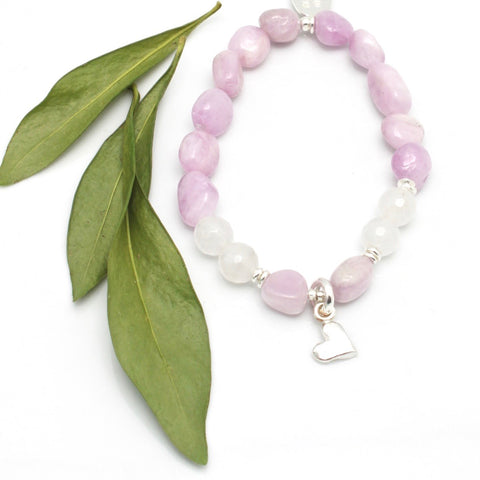 Kunzite, White Jade & Petite Fine Silver Heart Stretch Bracelet