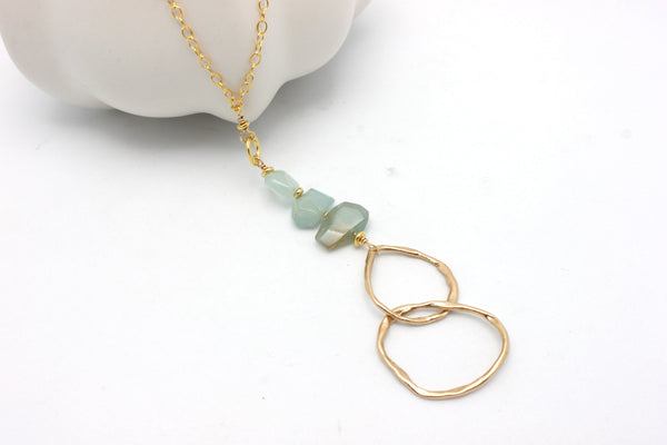 Aquamarine Stone & Bronze Double Link Gold Necklace