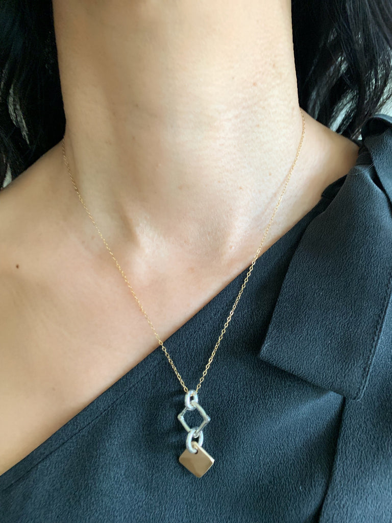 Contour Collection:  Bronze Diamond Pendant and Silver Link Short Necklace