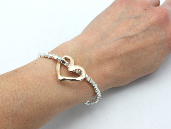 Bronze Heart and Fine Silver Stretch Bracelet