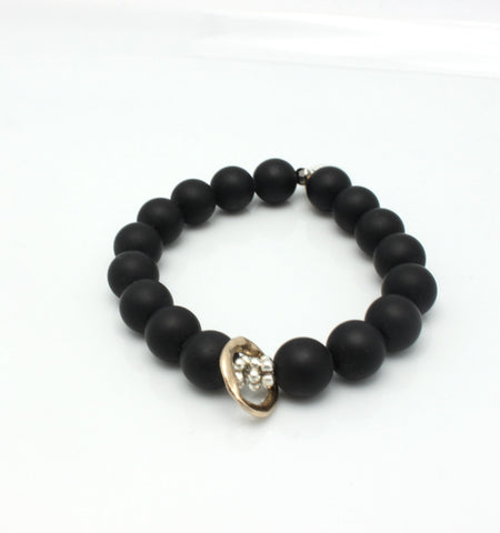 Matte Black Onyx Stretch Bracelet with Bronze Link & Fine Silver