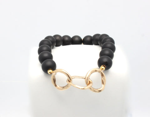 Matte Black Onyx Stretch Bracelet with Entwined Bronze Links