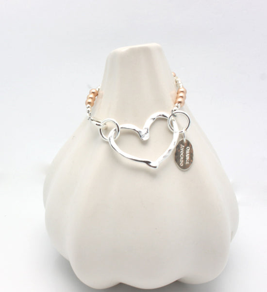 Fine Silver Open Heart & Rose Gold Beaded Bracelet