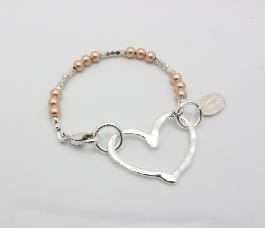 Fine Silver Open Heart & Rose Gold Beaded Bracelet