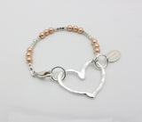 Fine Silver Open Heart & Rose Gold Beaded Bracelet