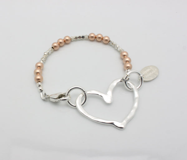 Fine Silver Open Heart & Rose Gold Beaded Bracelet