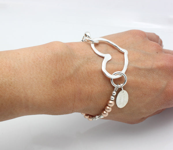 Fine Silver Open Heart & Rose Gold Beaded Bracelet
