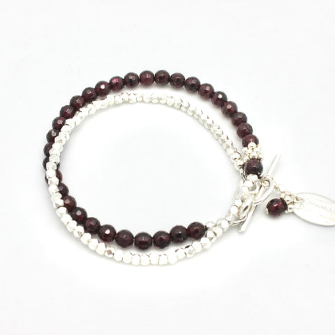 Curve Collection:  Red Garnet & Fine Silver Double Wrap Bracelet