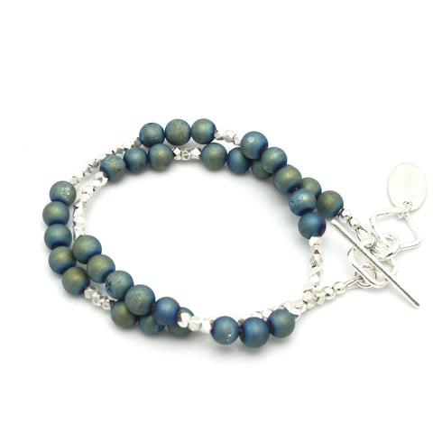 Golden Teal & Blue Druzy Quartz & Fine Silver Double Wrap Bracelet