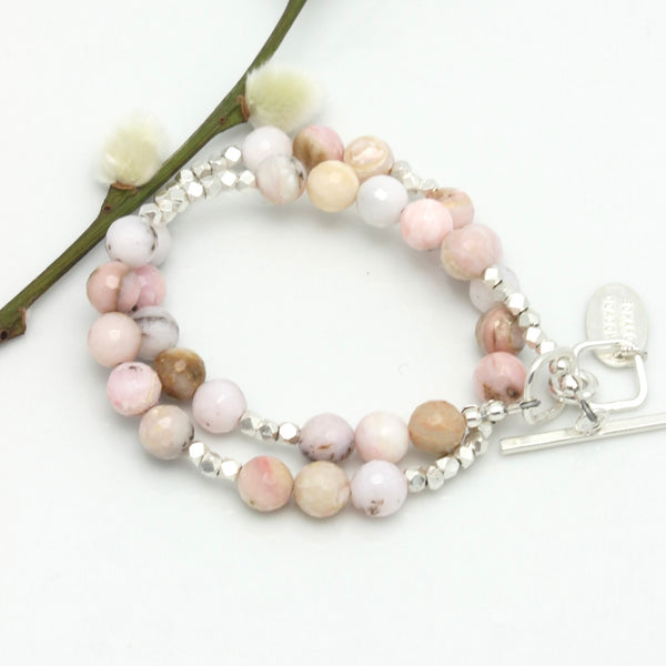 Pink Opal & Fine Silver Double Wrap Bracelet