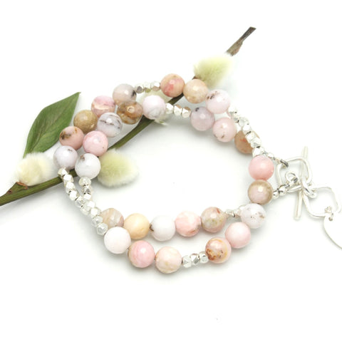 Pink Opal & Fine Silver Double Wrap Bracelet