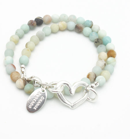 Amazonite Double Wrap Bracelet with Fine silver Heart