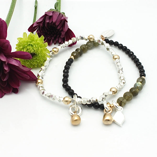 Arctic Blossoms: Fine silver Stretch Bracelet & Petite Bronze Bud Charm
