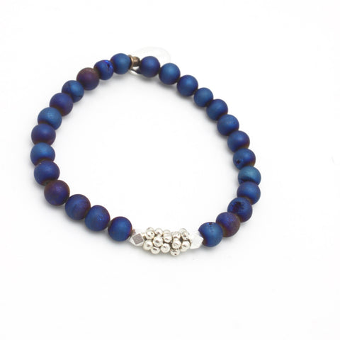 Inner Spirit:  Deep Marine Blue Druzy Quartz Stretch Bracelet & Silver Flower Beads