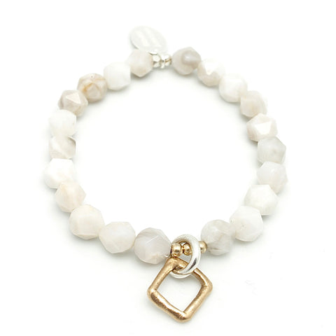 Contour Collection:  Natural White Crazy Lace Starcut Stretch Bracelet & Bronze Square Link