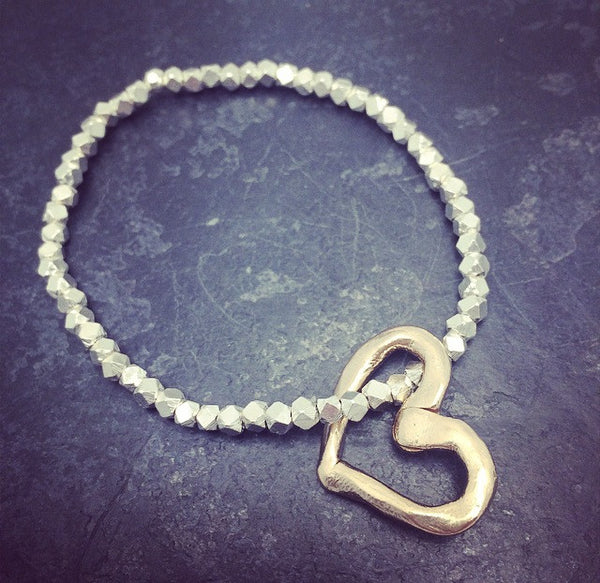 Bronze Heart and Fine Silver Stretch Bracelet
