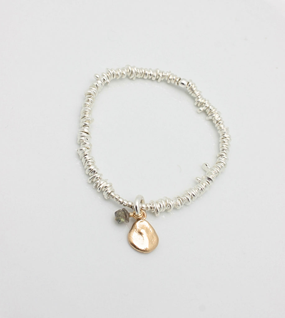 Freeform Fine Silver Nugget  Bracelet with  Bronze Pebble & Labradorite Charms