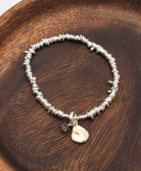 Freeform Fine Silver Nugget  Bracelet with  Bronze Pebble & Labradorite Charms