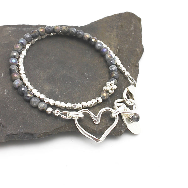 Labradorite & Fine silver Heart Double Wrap Bracelet (Personalization optional)